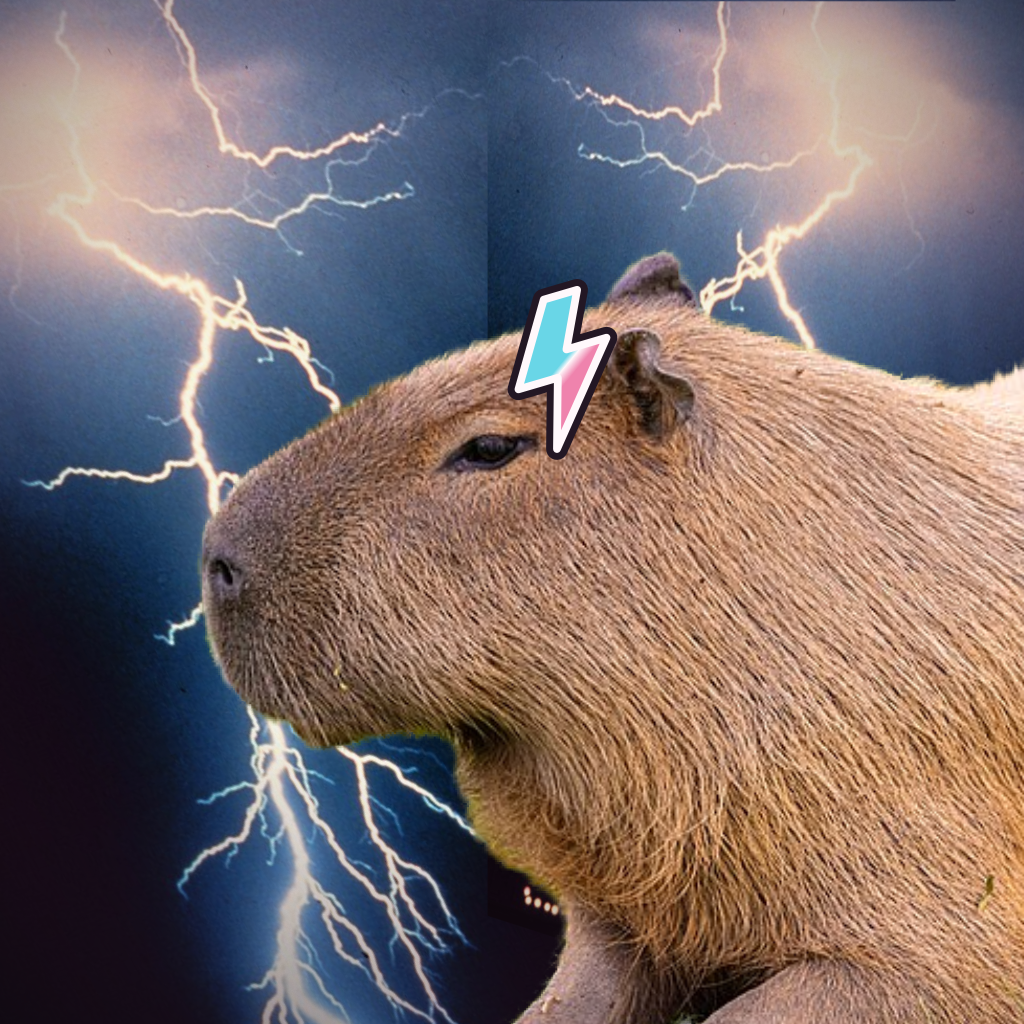 aesop, a capybara wearing a trans-colored lightning clip in a storm